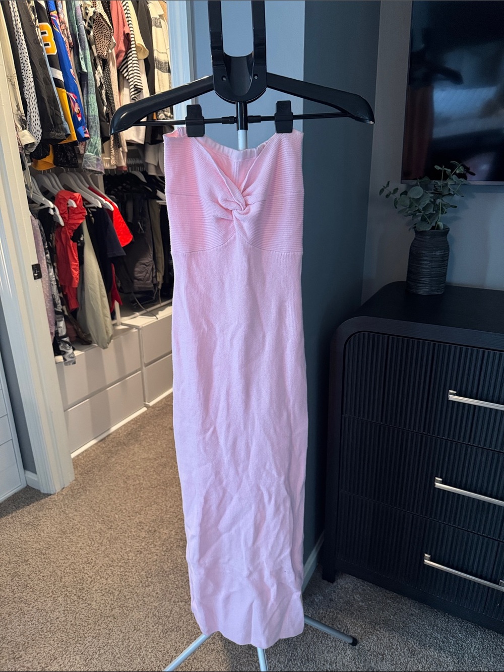 Strapless Twist Front Pink Maxi Dress